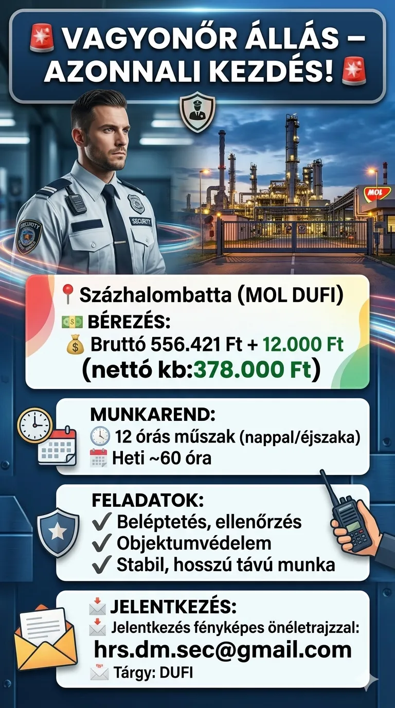 Vagyonőröket felveszünk százhalombattai olajfinomítóba.