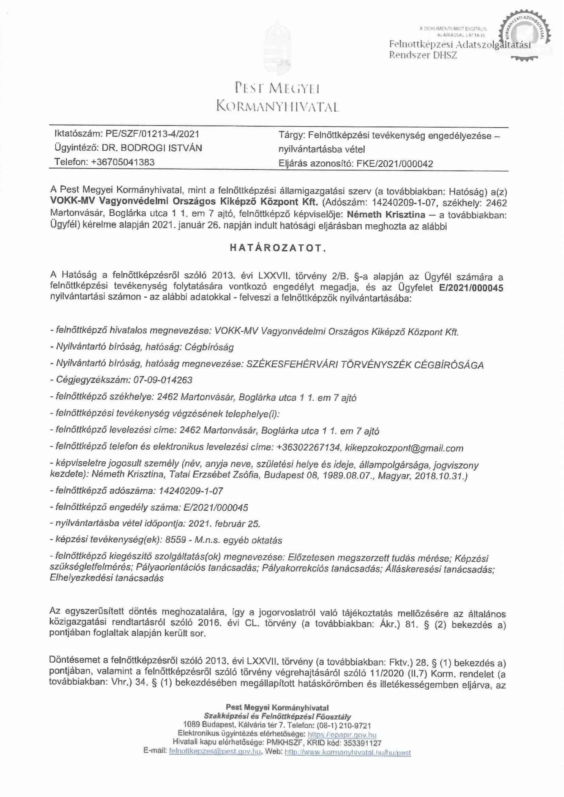 VOKK felnőttképzési engedély – E/2021/000045